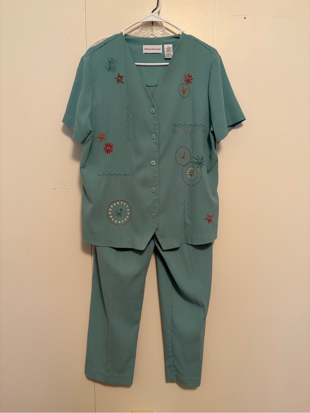 Alfred Dunner Teal Embroidered Short-Sleeve Top & Pants Set